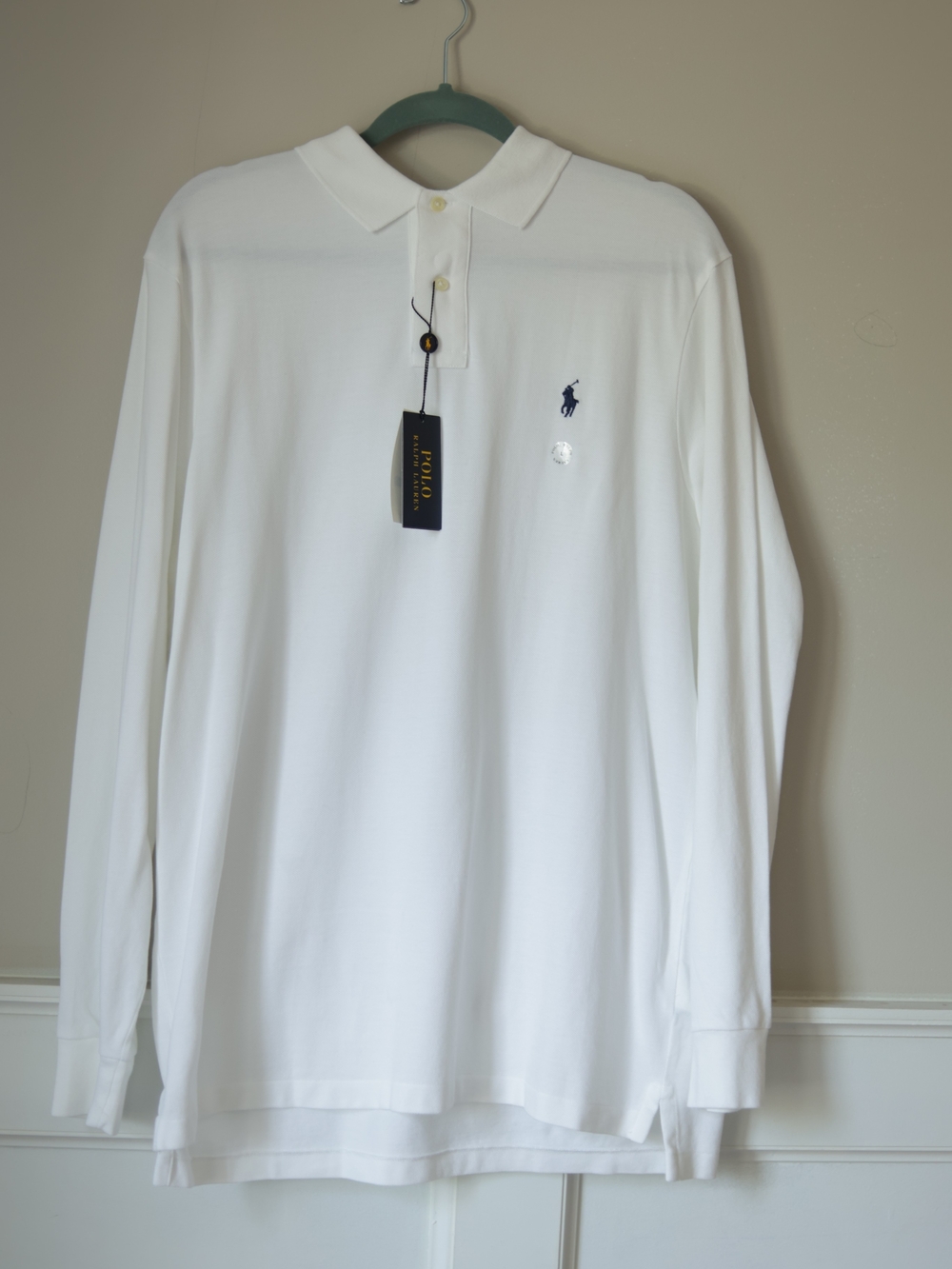Classic White Long-Sleeve Polo with Navy Logo